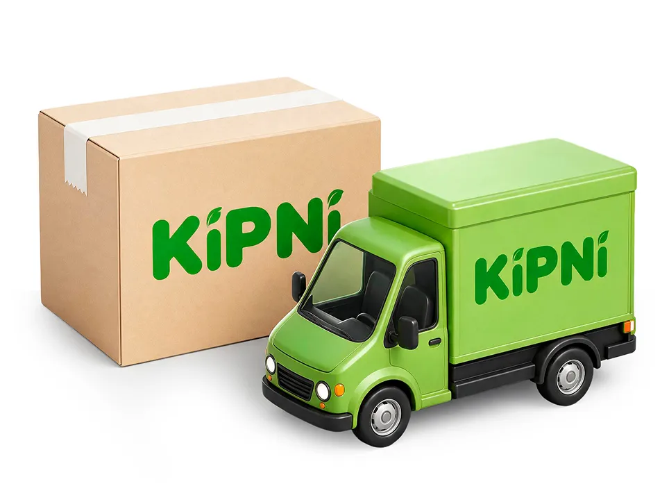 Зелёный грузовик KIPNI рядом с коробкой продукции