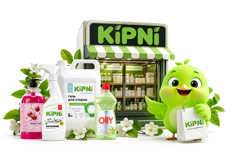 Уточка KIPNI с покупками рядом с продукцией и магазином бренда